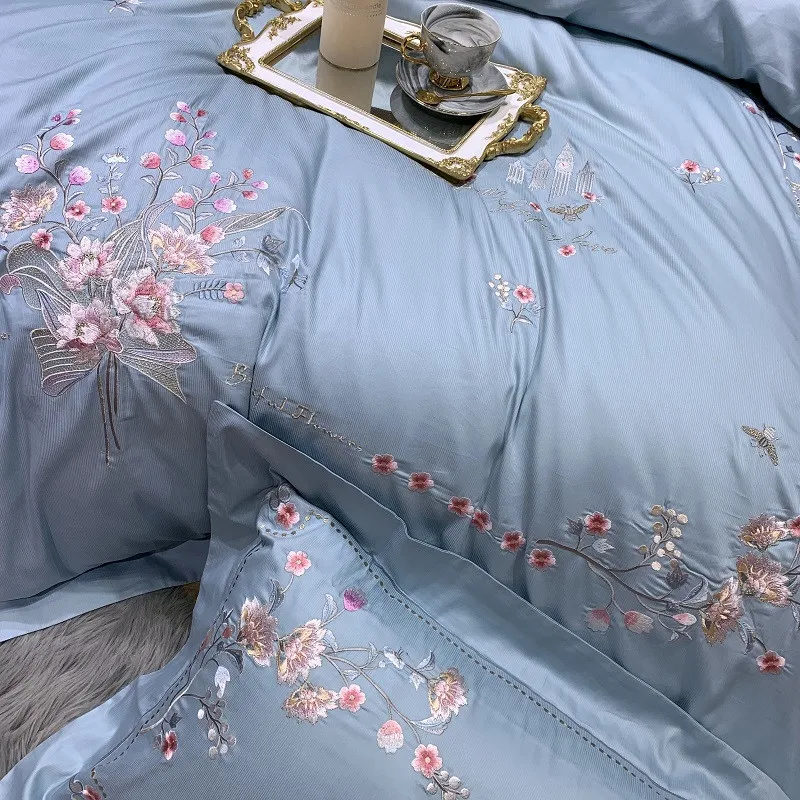 

Luxury Exquisite Flowers Embroidery 100S Egyptian Cotton Bedding Set Queen King Duvet Cover Bed Linen Fitted Sheet Pillowcases