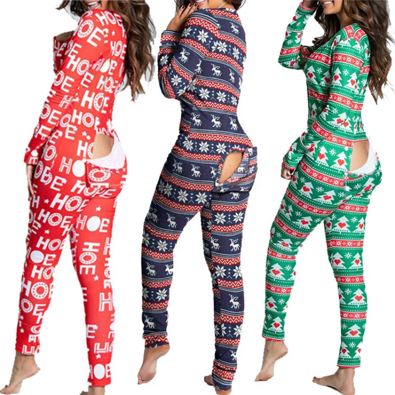 Sexy Christmas Pajama for Women New Year Jumpsuit Button-down Front Back Butt Bum Open Ass Flap Xmas Print Loungewear |