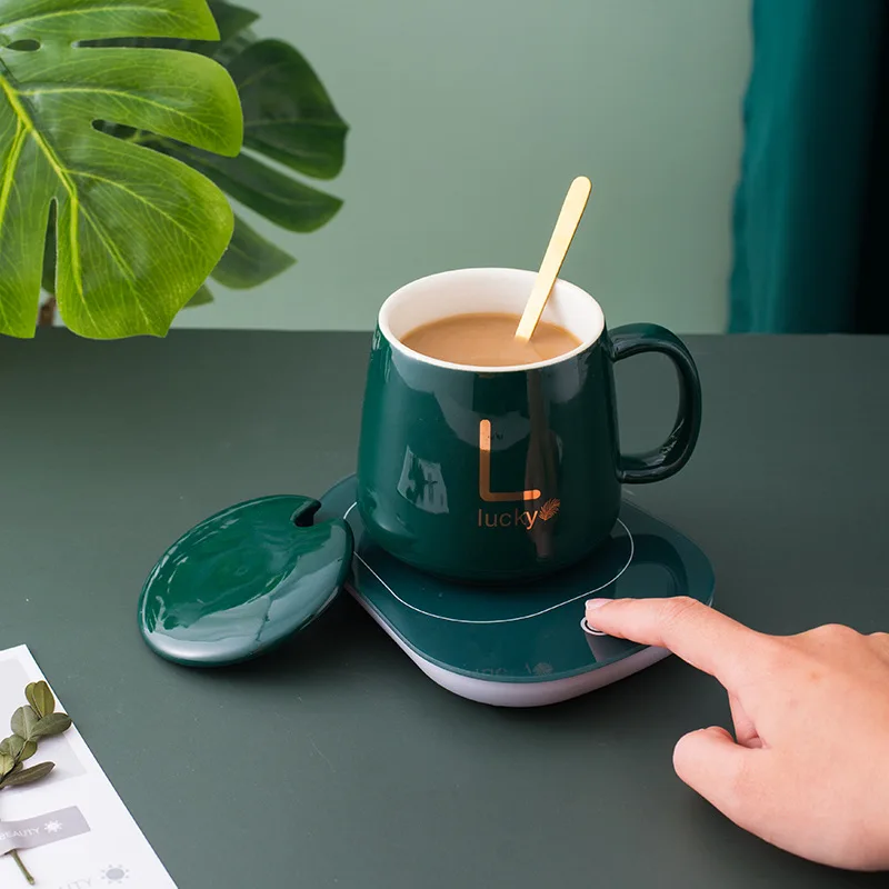 

55 Degree Nordic Thermostatic Ceramic Cup Covered Spoon Warm Cup Holiday Gift Office Water Cup Heated Milk Cup Coffee Cup
