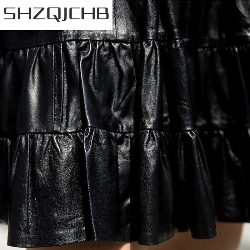 

JCHB 2021 Genuine Leather Pleated Skirts Women Spring Summer New High Waist Black Sheepskin Real Leather Sexy Mini A-Line Skirt