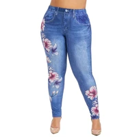 plus size women leggings floral print pencil faux denim jeans casual leggings 6xl high waist long pants daily skinny pant