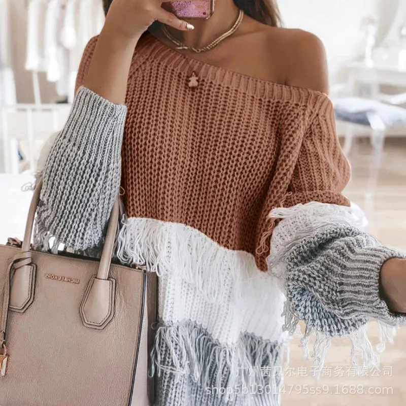 

WEPBEL Autumn Winter Long Sleeve O-Neck Off-Shoulder Pullover Sweater Women's Stitching Tassels Loose Knitted Sweater
