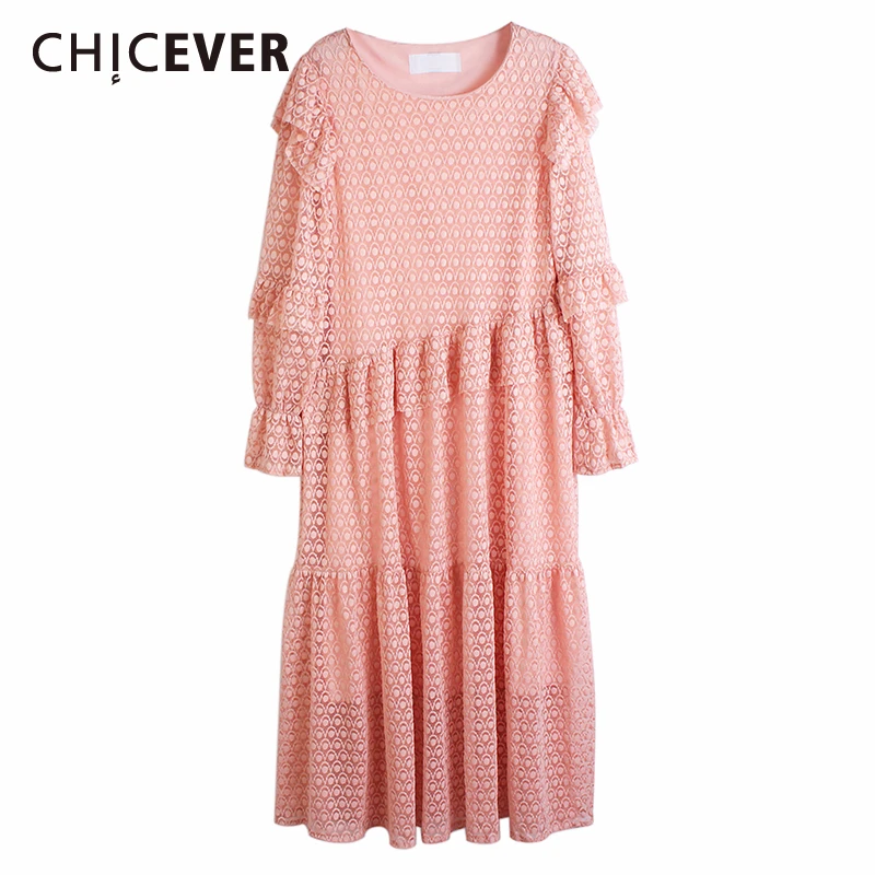 Женское кружевное платье с оборками CHICEVER Повседневное длинным рукавом и круглым