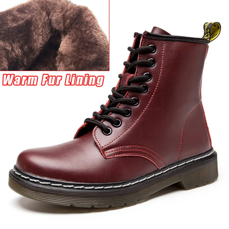 Wine Red Fur LAKESHI/женские ботинки из натуральной кожи; ботильоны; зимние рабочие ботинки; однотонные ботильоны; Женская обувь в стиле панк; размер 46 - Цвет: Wine Red Fur