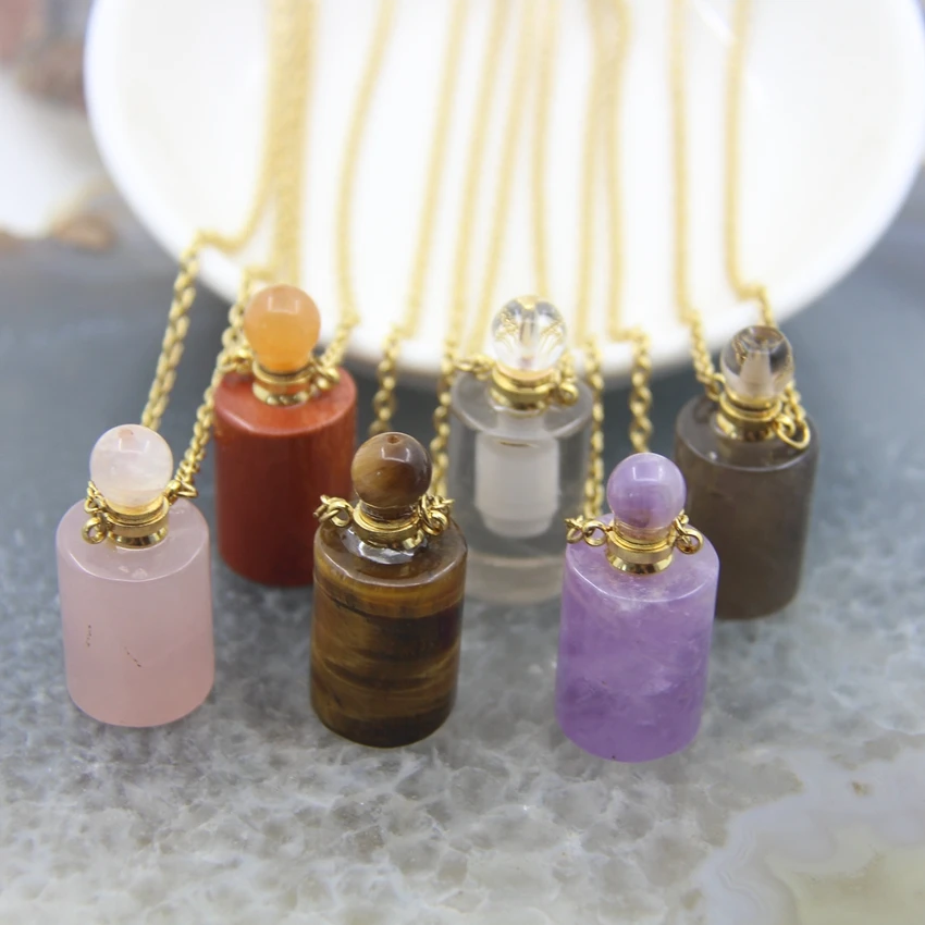 

Cylindrical Natural White Quartz/Amethysts/Tiger Eye Perfume Bottle,Gold Chains Essential Oil Diffuser Vial Pendants Necklace