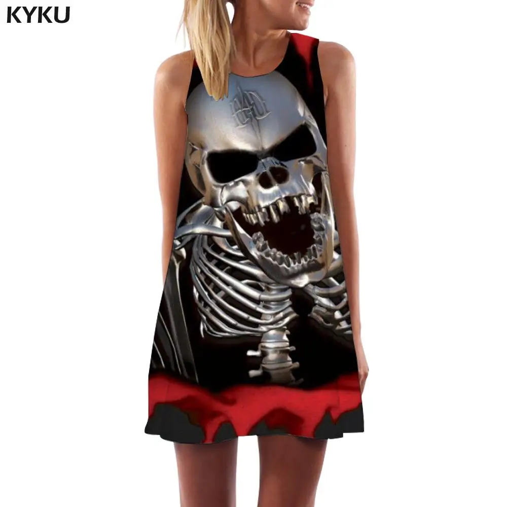 

KYKU Brand Skull Dress Women Skeleton Office Hip Hop Sundress Rock Korean Style Womens Clothing Elegant Ladies Large Sizes