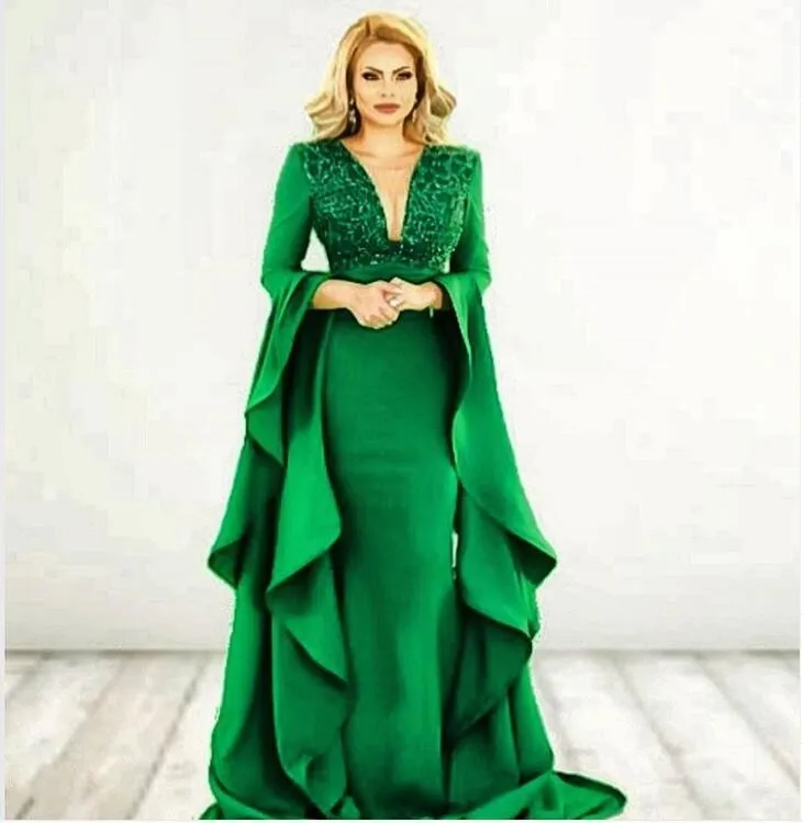 

Saudi Arabic Green Mermaid Evening Dresses 2019 Flare Ruffles Full Sleeves Lace Beaded Long Prom Gowns Elegant Party Dress