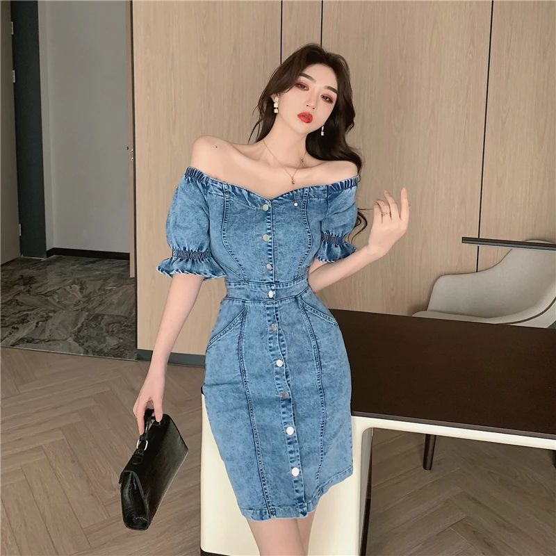 

COIGARSAM Women Mini dress New Summer Slash neck High Waist Dresses Blue A8463