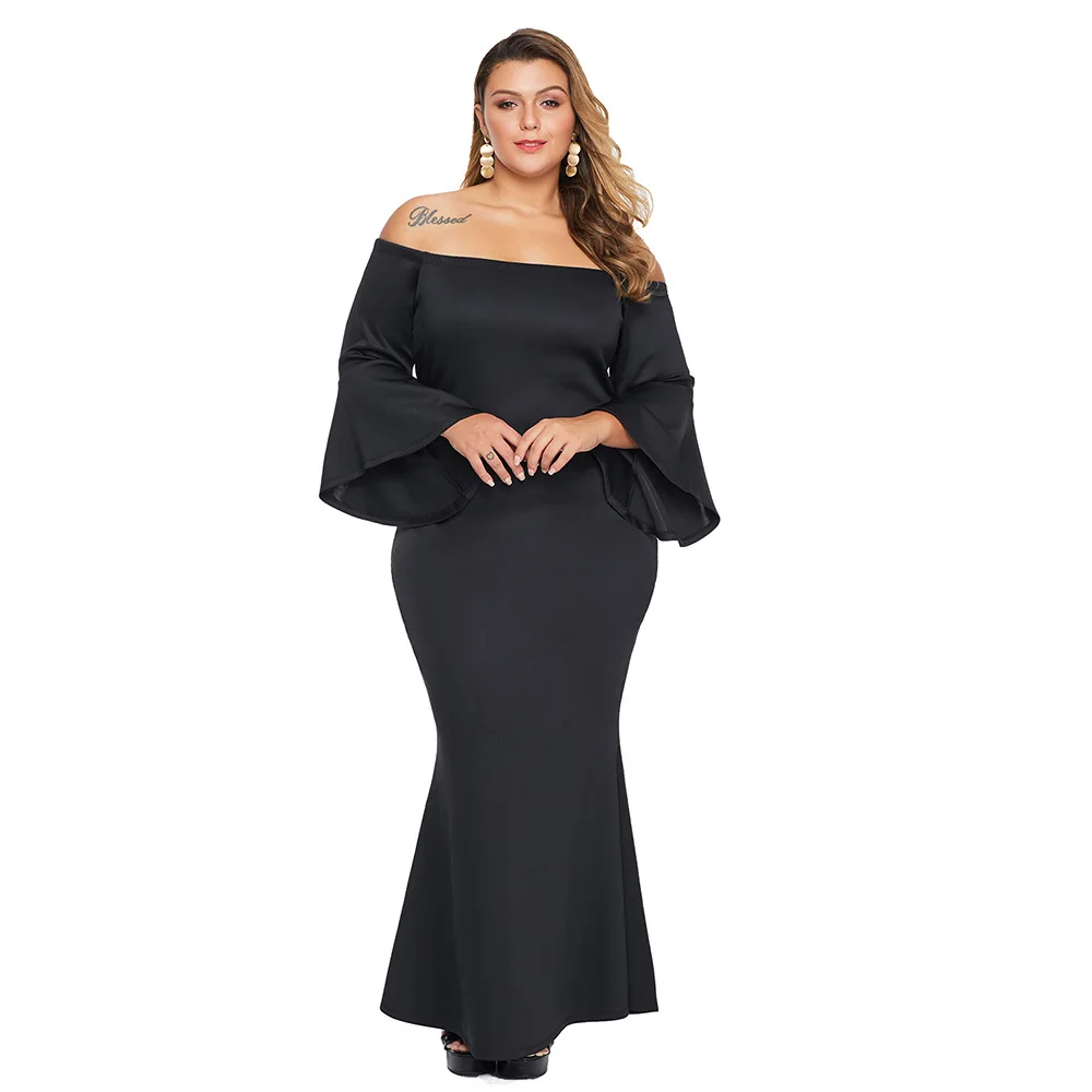 

2019 Женское Платье макси с открытыми плечами и расклешенными рукавами; большие размеры