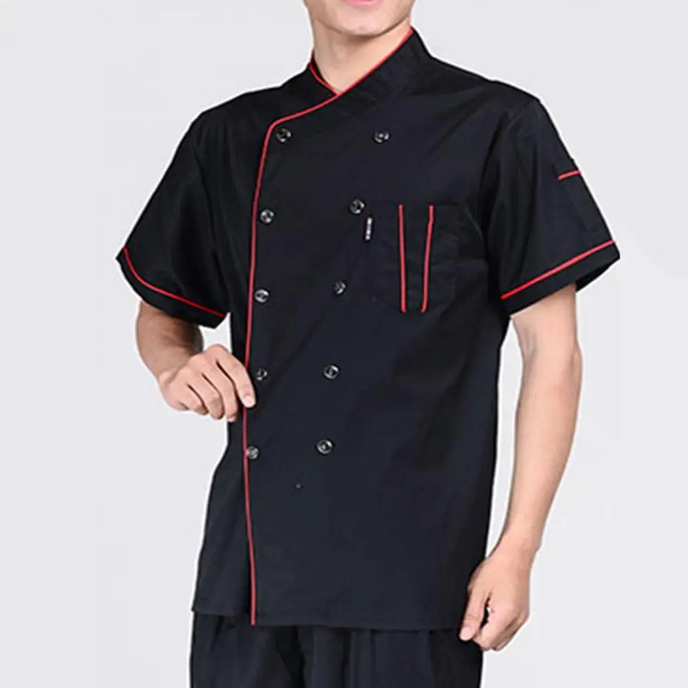 50%HOTMen Loose Short Sleeve Stand Collar Double-breasted T-shirt Chef Waiter Uniform