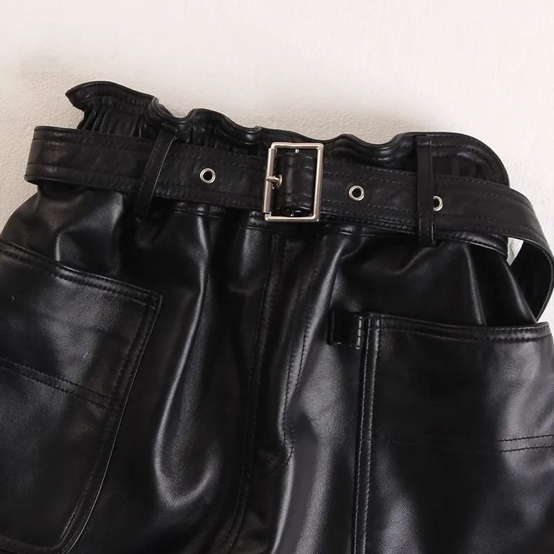 Pink Genuine Leather Shorts Women Casual Elastic High Waist Wide Leg A-Line Shorts Autumn Winter Pocket Loose Sheepskin Shorts