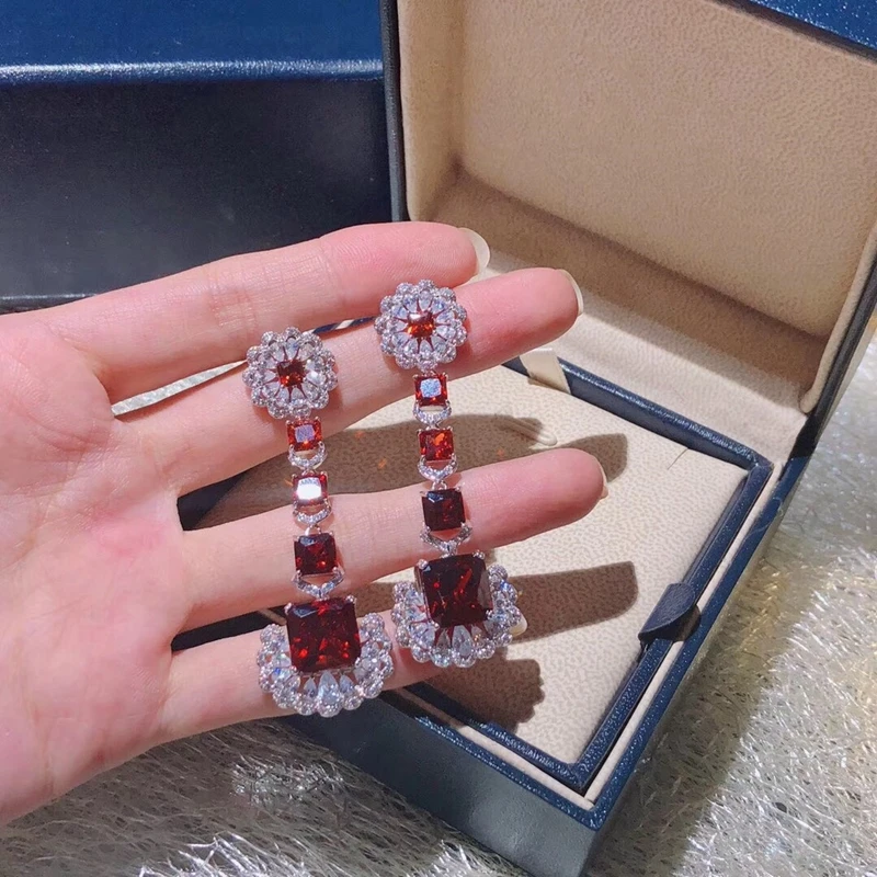 Серьги подвески женские с красным Рубином висячие ювелирные украшения для