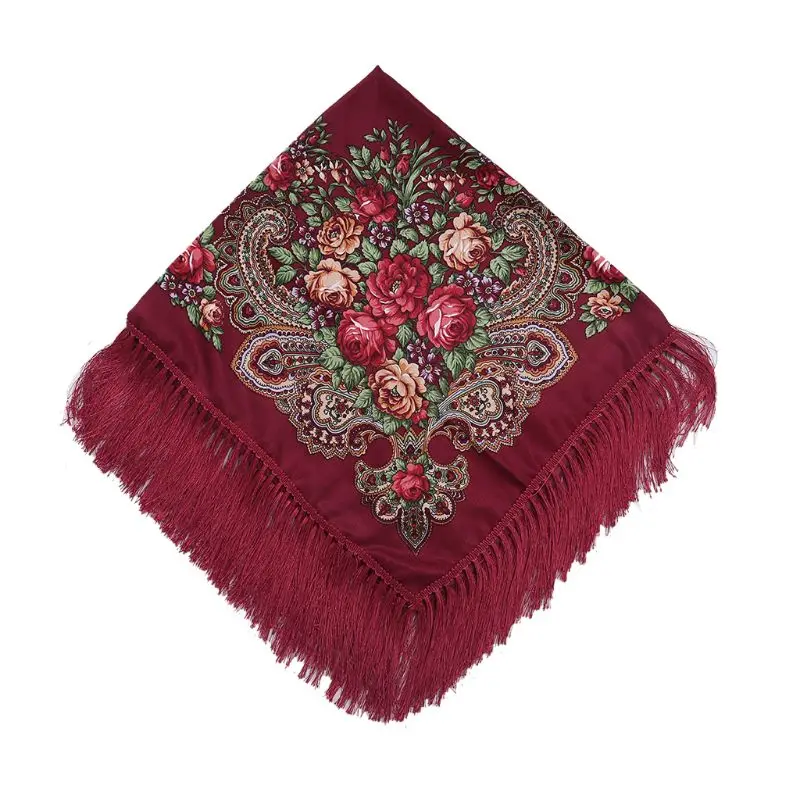 

Fashion Women Square Scarf Shawl Cotton Long Tassel Fringe Floral Print Winter