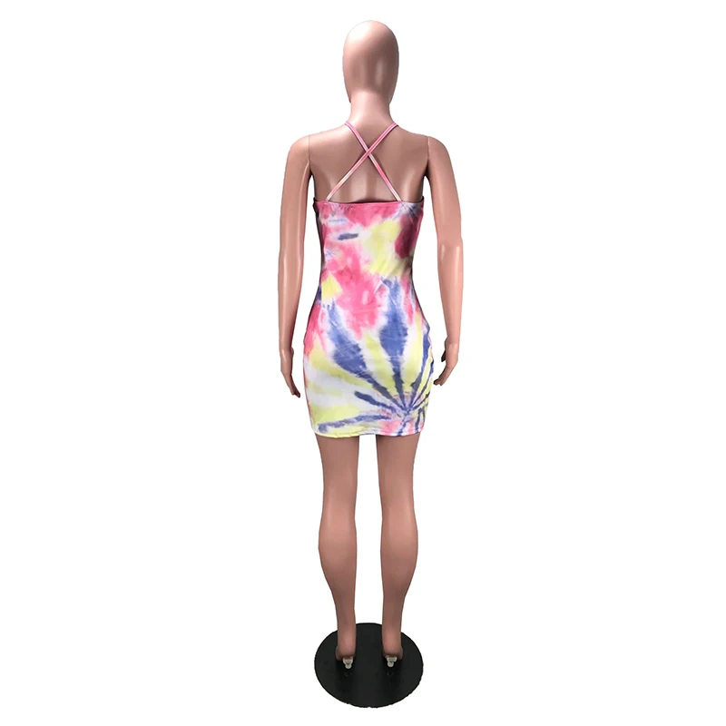 

Rainbow Tie Dyeing Sexy Wrap Sundress Women Hlater Backless Cross Bodycon Dress Summer Sleeveless High Waist Mini Bandage Dress
