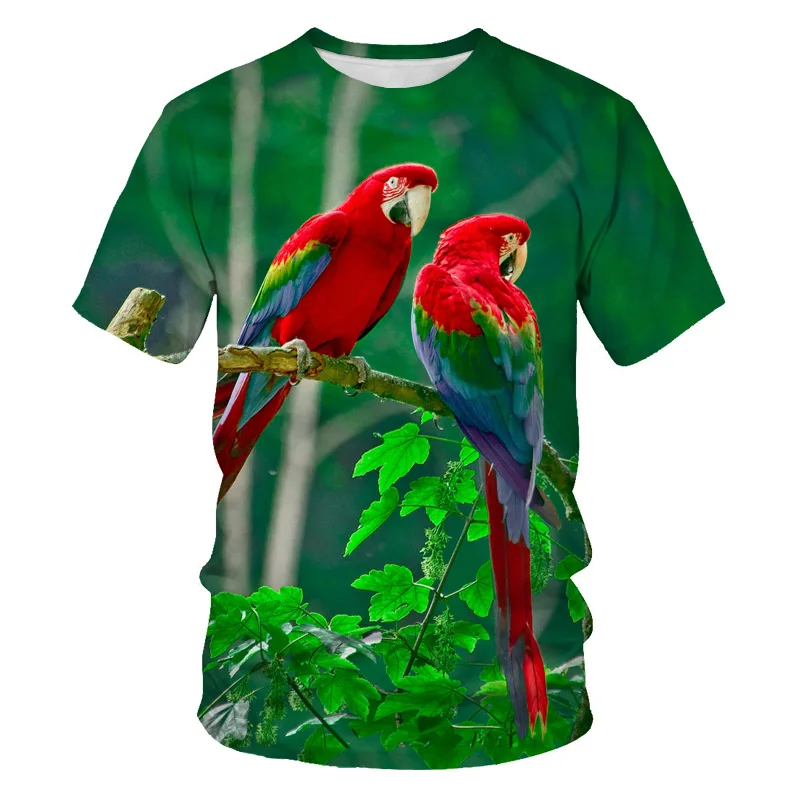 

Summer flower and bird cartoon T-shirt female short-sleeved creative landscape round neck top 3D printing oversized male T-shirt