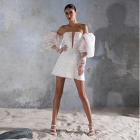 deep v neck off the shoulder full sleeve wedding dresses with jersey white sequined bridal gowns 2022 summer novia do lace up