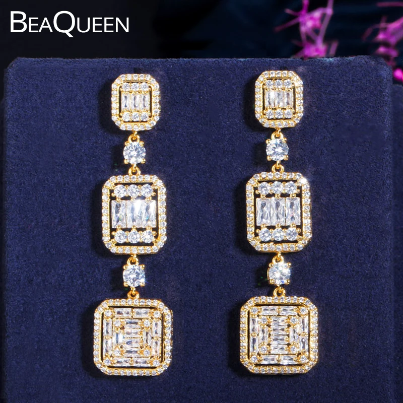 

BeaQueen Luxury White Cubic Zircon Crystal Gold Color Long Dangle Drop Dubai Wedding Earring Costume Jewelry for Brides E381