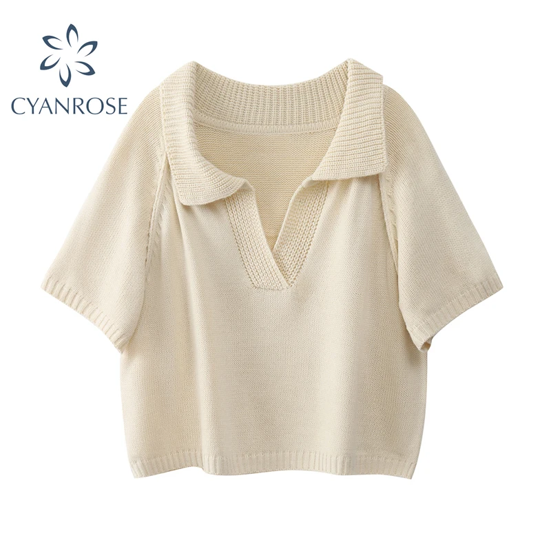 Женский Короткий трикотажный свитер винтажный тонкий пуловер с коротким рукавом