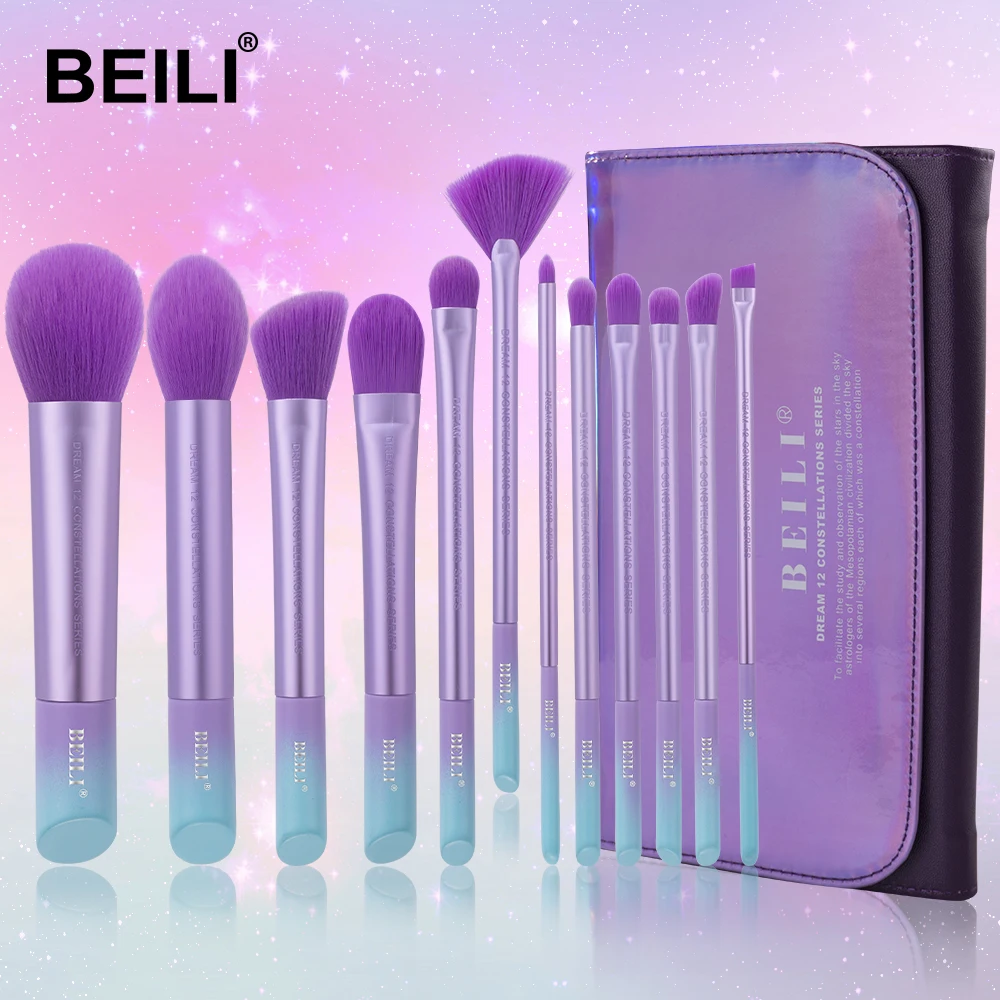 BEILI фиолетовый 12 шт Кисти для макияжа Профессиональный тональный хайлайтер