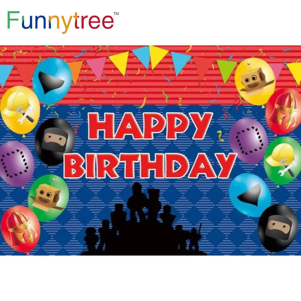 

Funnytree Happy Birthday Theme Backdrop Balloon Bunting Colored Ribbon Game Newborn Baby Shower Custom Poster Background