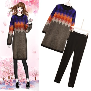 Женский трикотажный комплект из 2 предметов, свитер с длинными рукавами и узкие брюки-карандаш, большие размеры, корейская мода, 2019