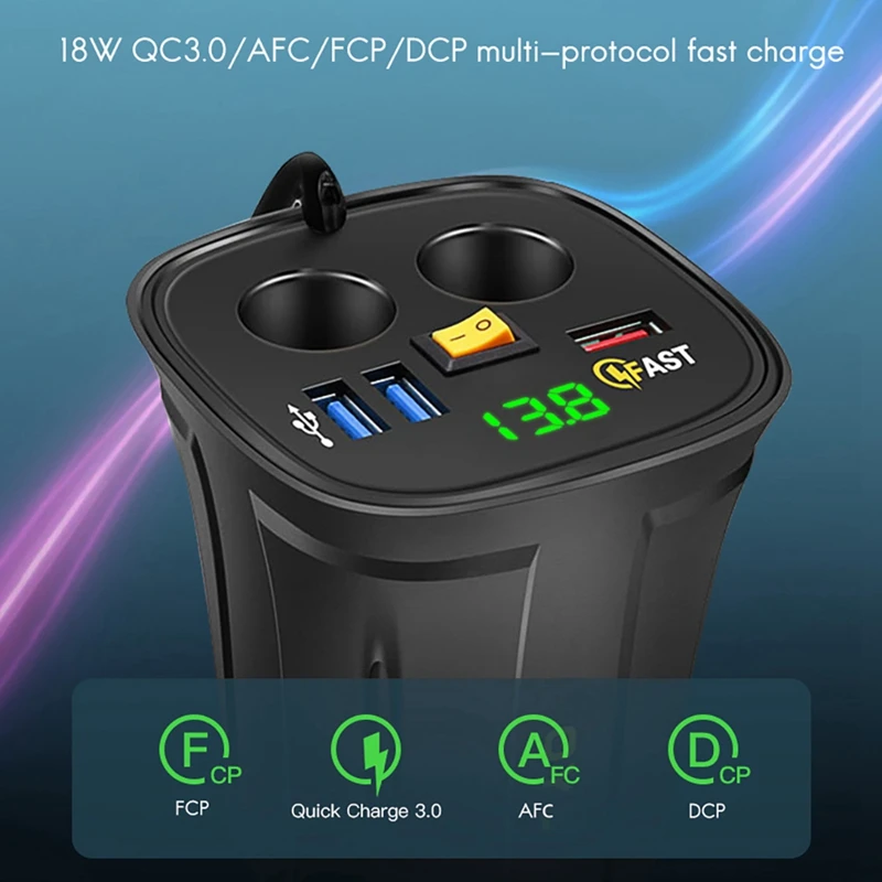 

Car Charger Adapter Splitter 2 Socket 80W QC3.0 Fast Quick Charge USB 4.2A Cup Holder Voltmeter On/Off Switch