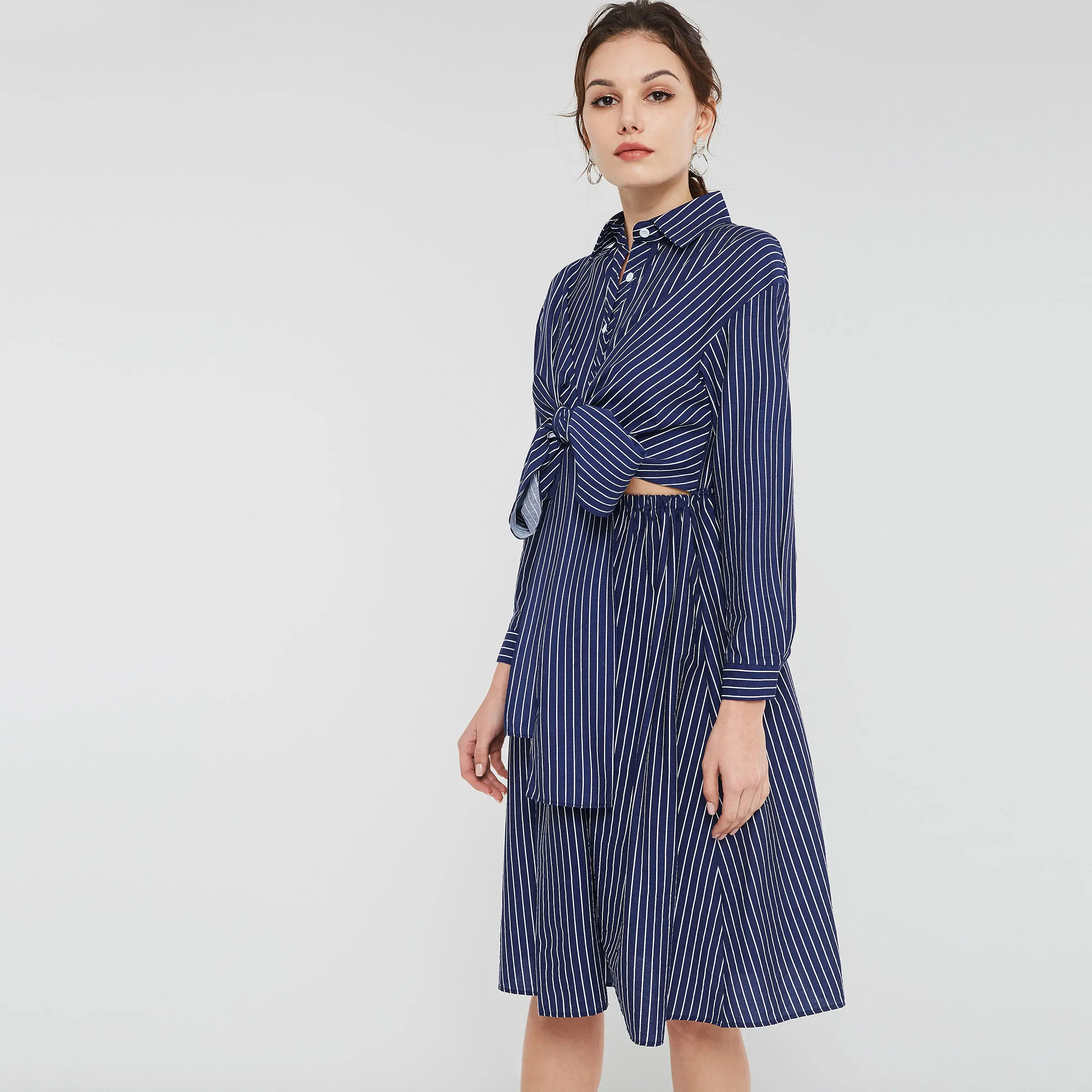 Женское офисное платье в Корейском стиле элегантное рубашка синюю полоску с