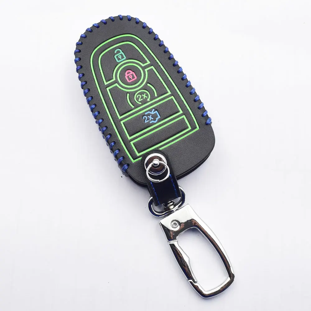 

Leather Car Key Cover For Ford Fusion F250 F350 F450 F550 2018 Edge Explorer Luminous Buttons Smart Remote Fob Protector Case