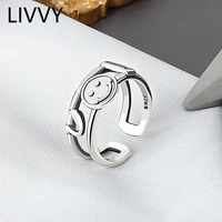 livvy silver color vintage personality hollow smile face adjustable thai silver ring for women jewelry 2021 trend