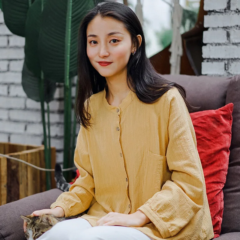 Хлопковые льняные рубашки винтажные блузки одноцветные весна 2020 новые