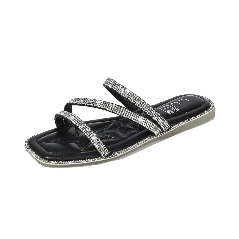 

Sandals Female Summer Wear Rhinestone Beach Open-toed Flat Bottom Fashion All-match Bohemian Non-slip Slippers Women Shoes