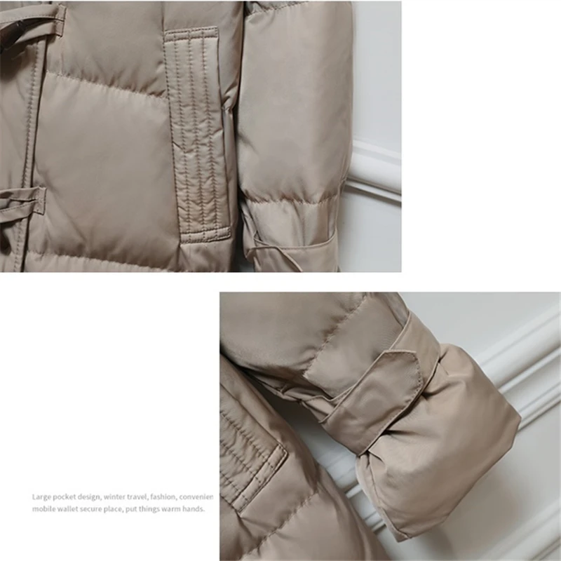 

Fashion Winter Big Fur Collar Hooded Down Jacket Women Korean Long Warm Coat Long Sleeve Horn Button White Duck Down Jacket H587
