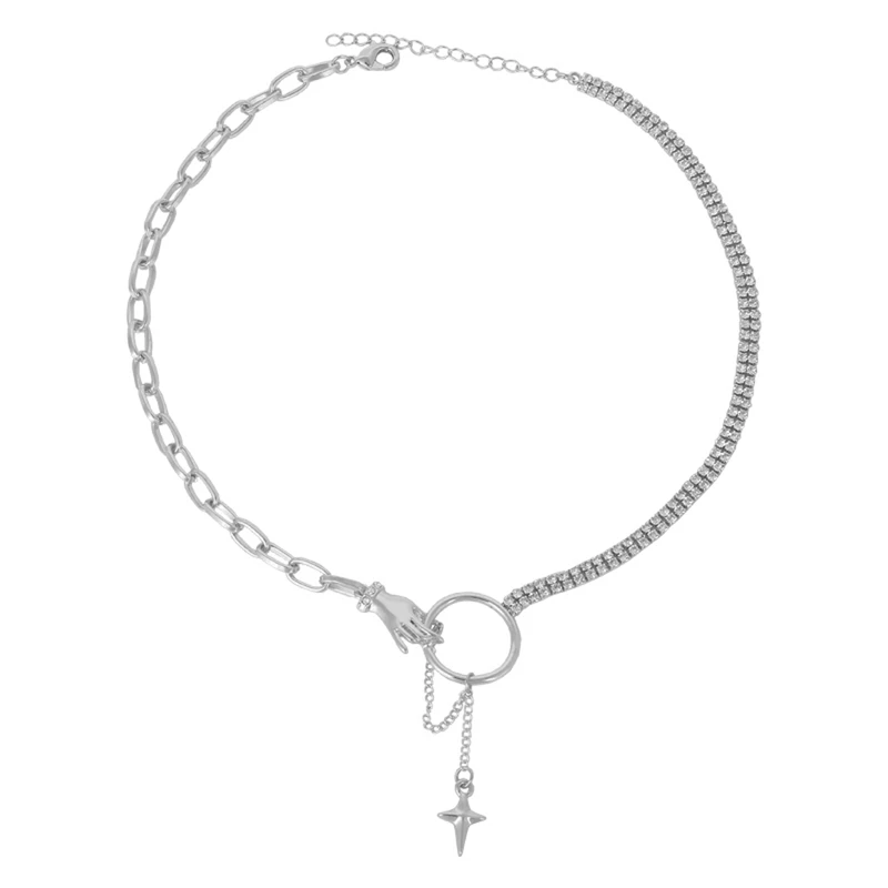 

Personality Bling Bling Rhinestones Cross Pendant Necklaces for Women Silver Color Link Chain Circle Chokers Necklace Jewelry