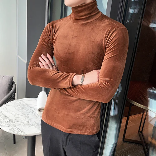 Азиатский размер Slim Fit стрейч бархат водолазка Мужская футболка с длинным рукавом осенние вечерние Нежные мужские - Цвет: Dark Brown