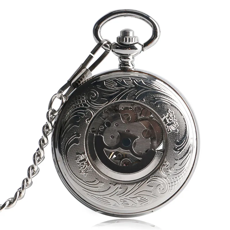 Vintage Silver Smooth Case Half Hunter Unisex Automatic Mechancial Pocket Watches with Roman Numbers Pendant Skeleton Chain Gift
