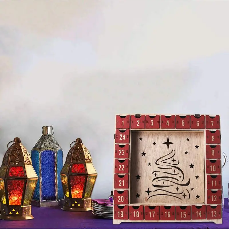 

Christmas Wooden Advent Calendar Countdown Decoration 24 Drawers LED Light Ornament
