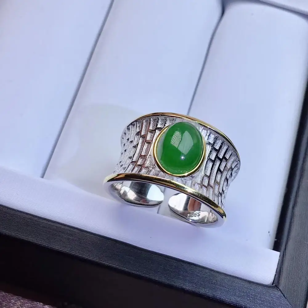 Мужское кольцо из серебра 925 пробы с натуральным зеленым нефритом | Украшения и