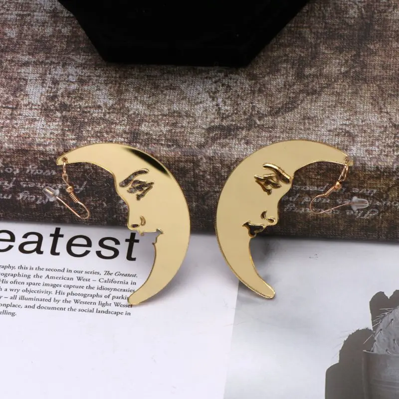 

87HC Mirror Acrylic Big Golden Moon Drop Earrings For Women Punk Exaggerated Jewelry