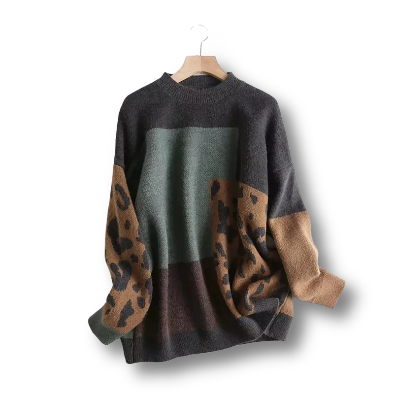

Leopard Patchwork Knitted Women Sweater And Pullovers O-Neck Long-Sleeved Eleagant Office Lady Pulls Outwear Coats Tops