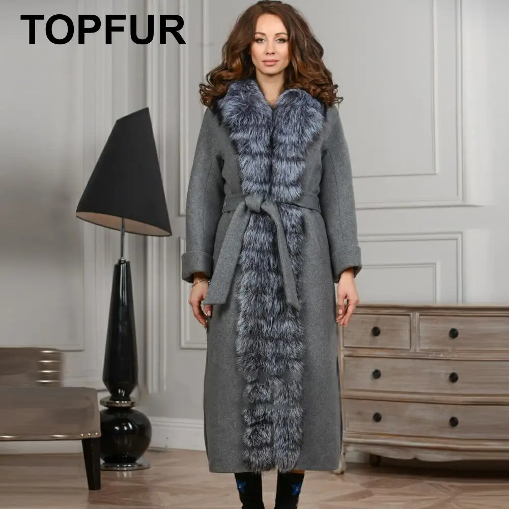 Новинка модное серое пальто TOPFUR длинное Nizi из лисьего меха с поясом приталенное
