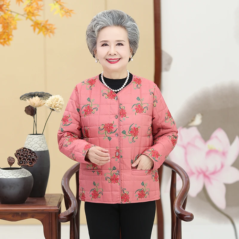 

Autumn Winter Middle Aged Women Flower Quilted Coat Pink Green Navy Blue Red Round Neck Lightweight Puff Jacket For Elderly Lady