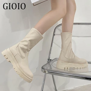 Gioio White Split Leather Chunky High Heels Pleated Boots Women Fashion Boots Med Heels Solid Botas  Shoes for Womens