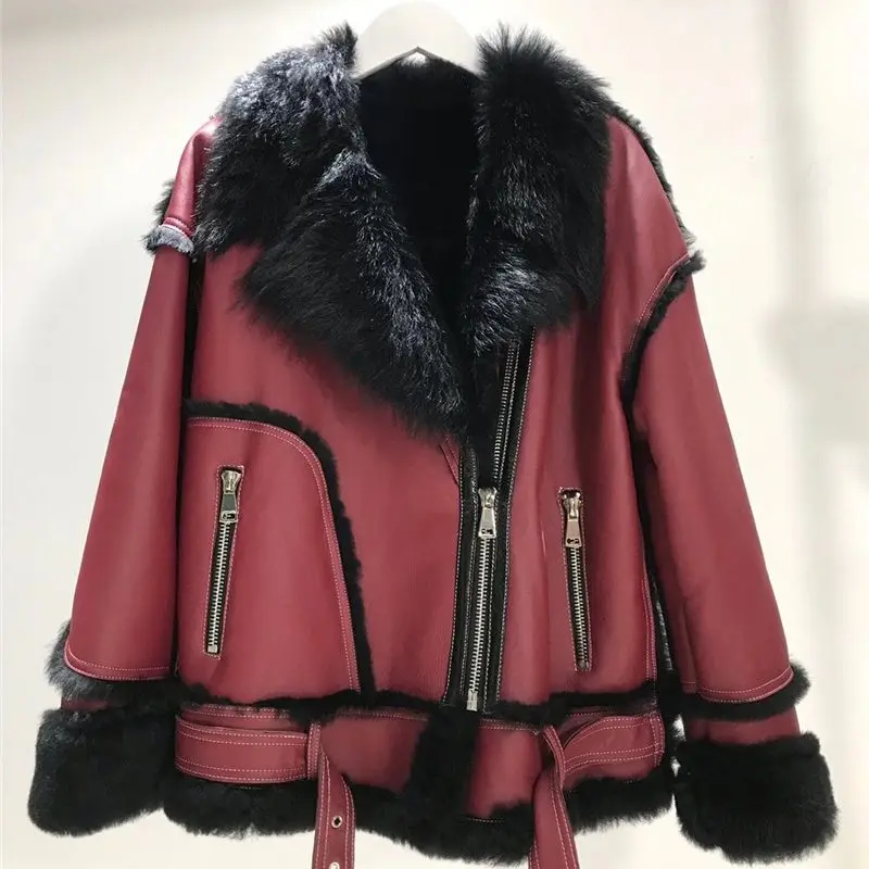 

Женская мотоциклетная куртка из натуральной кожи, высококачественное Женское пальто из натуральной овечьей шерсти, двухсторонняя Меховая ...