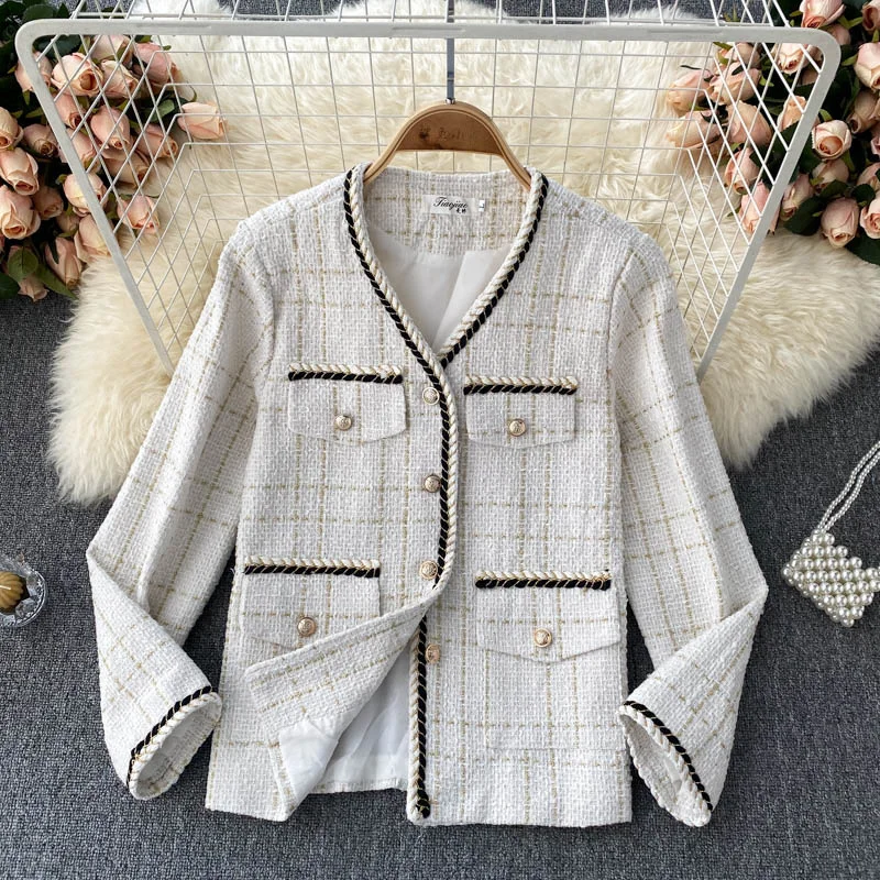 

Autumn Winter Tweed Coat 2021 Fashion Women's Small Fragrance Long Sleeve Wool Coat Vintage Cardigan Short Black Woolen Jacket