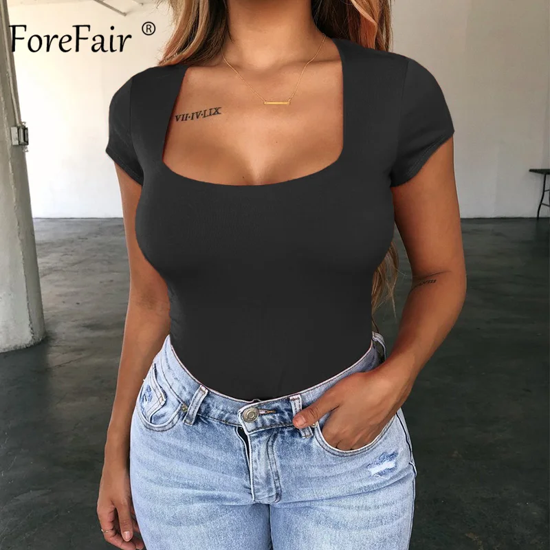 Женское боди с коротким рукавом Forefair черный или красный квадратным вырезом лето