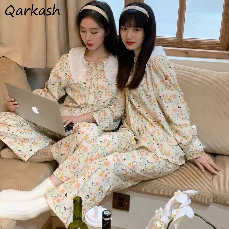 

Pajama Sets Women Spring Floral Girls Lovely Simple Sweet Preppy Homewear All-match Leisure Soft Ulzzang Stylish Newest Daily