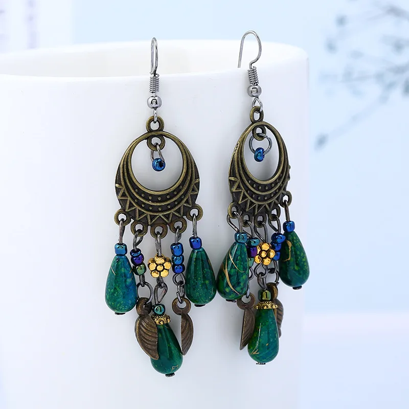 Fashionable European and American temperament Fashion handmade retro multicolor long fringed bronze earrings | Украшения и