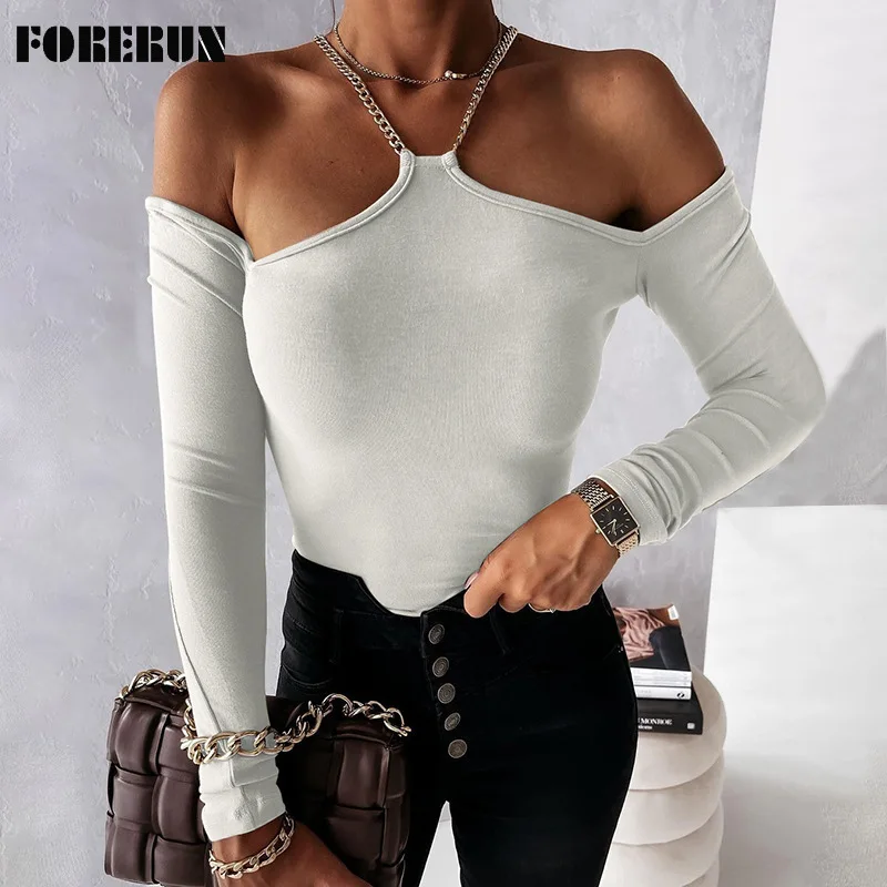 

FORERUN Autumn Women's T-shirt Solid Chain Halter Neck Strapless Off Shoulder Long Sleeves Tops Tee Shirt Femme