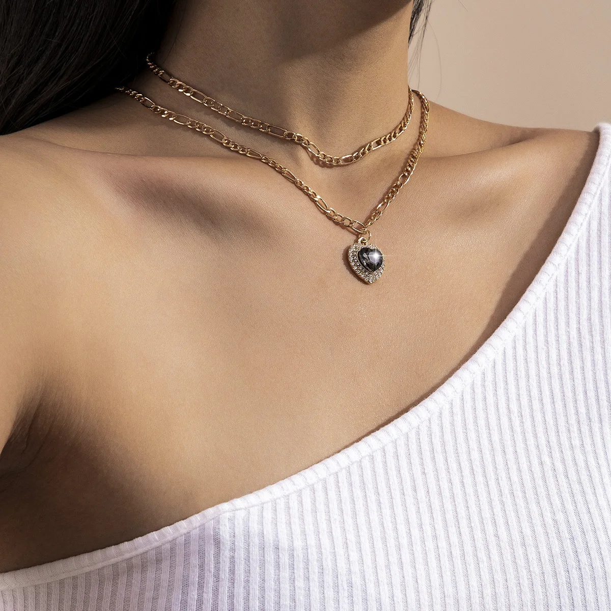

Trendy Jewelry Chain Necklace Two Layer High Quality Pink Black Blue Purple Red Crystal Heart Pendant Necklace For Women Gifts
