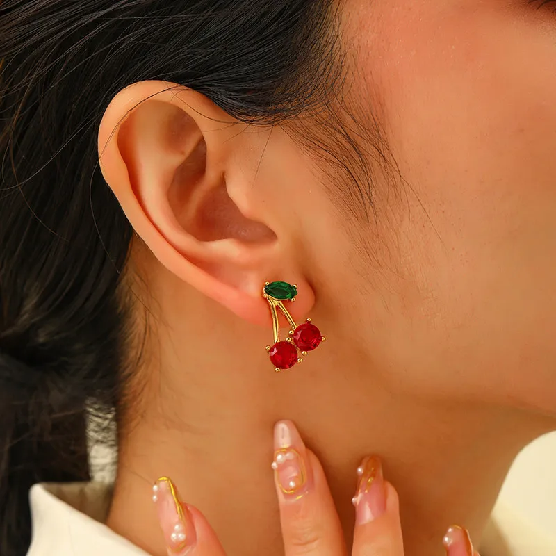 

Korea New Fashion Little Refreshing Cherry Earrings Women Trendy Lovely Kawaii 925 Silver Needle Lnlay Zircon Ear Studs Jewelry